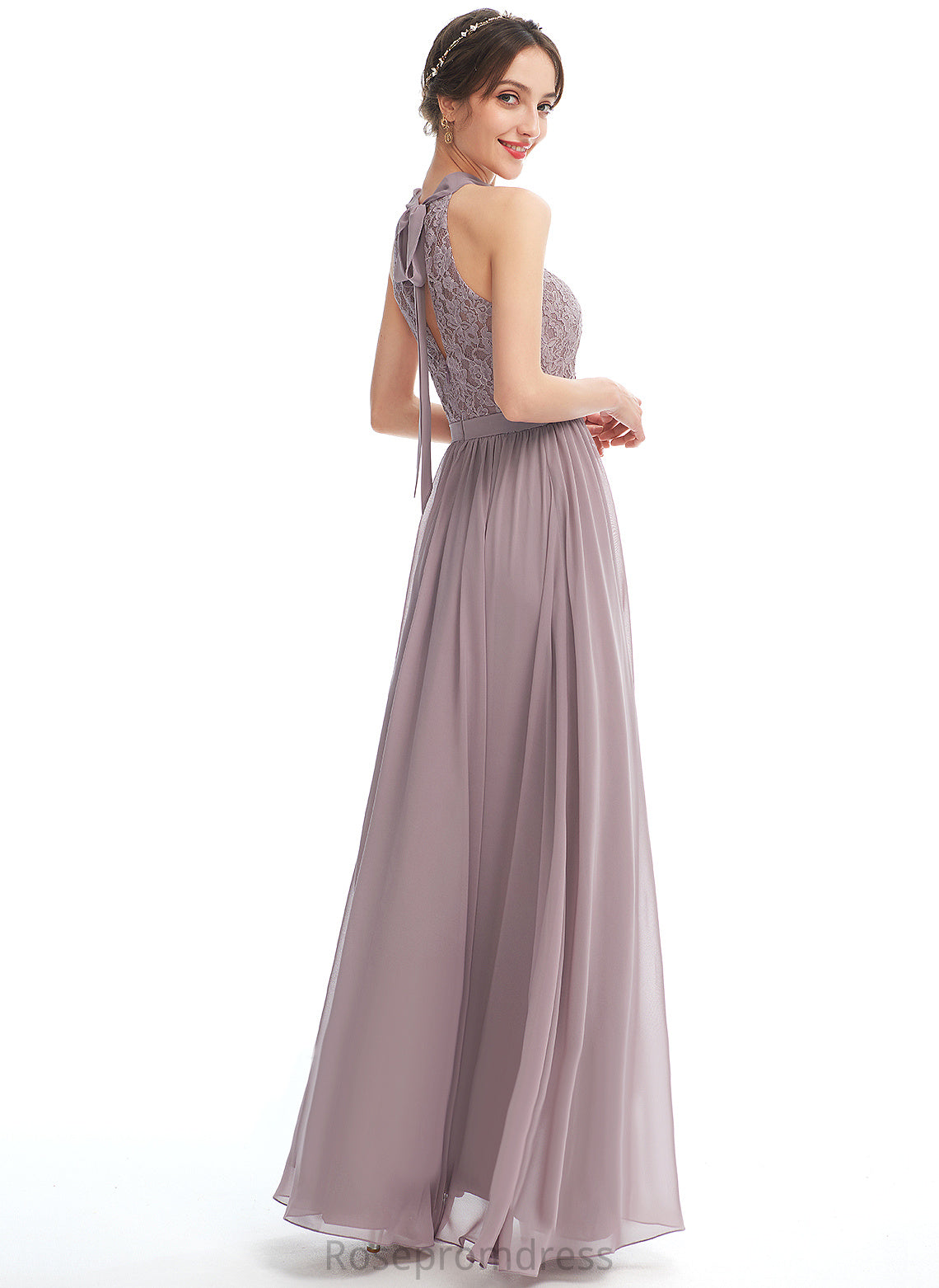 A-line Lace Floor-Length Fabric Silhouette Halter Length Straps&Sleeves Neckline Geraldine Bridesmaid Dresses