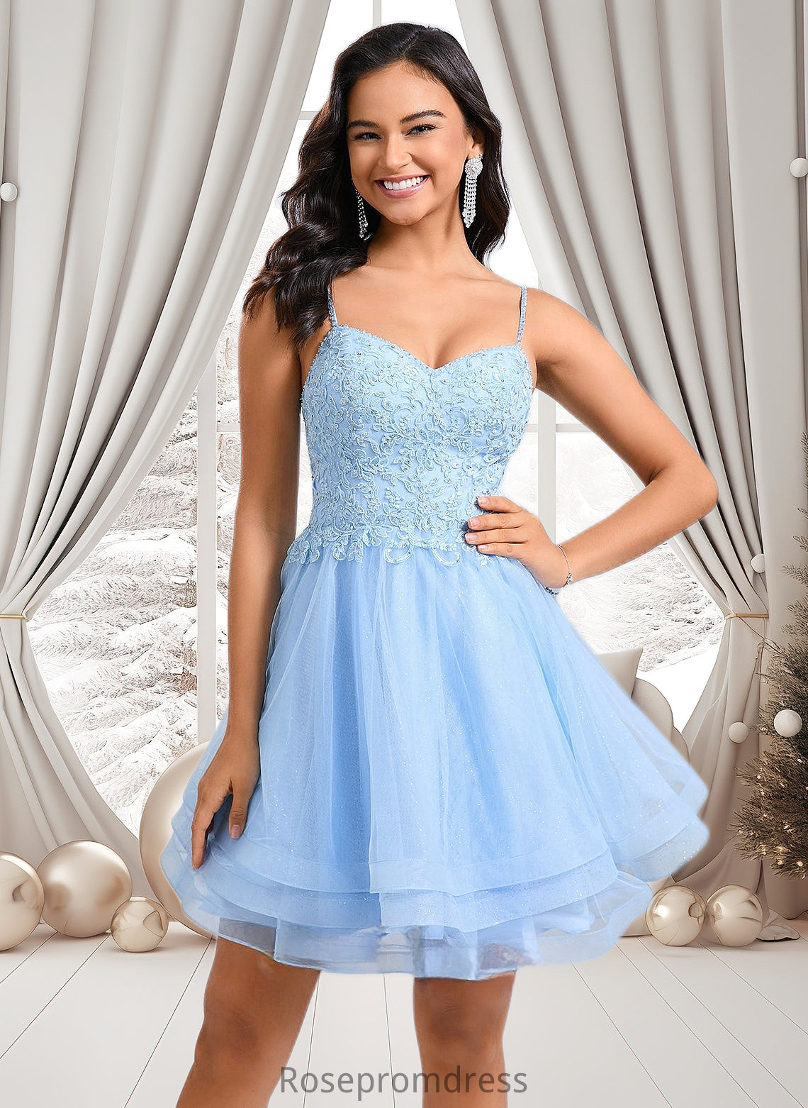 Izabella A-line V-Neck Short Lace Tulle Homecoming Dress With Rhinestone Sequins DSP0025658