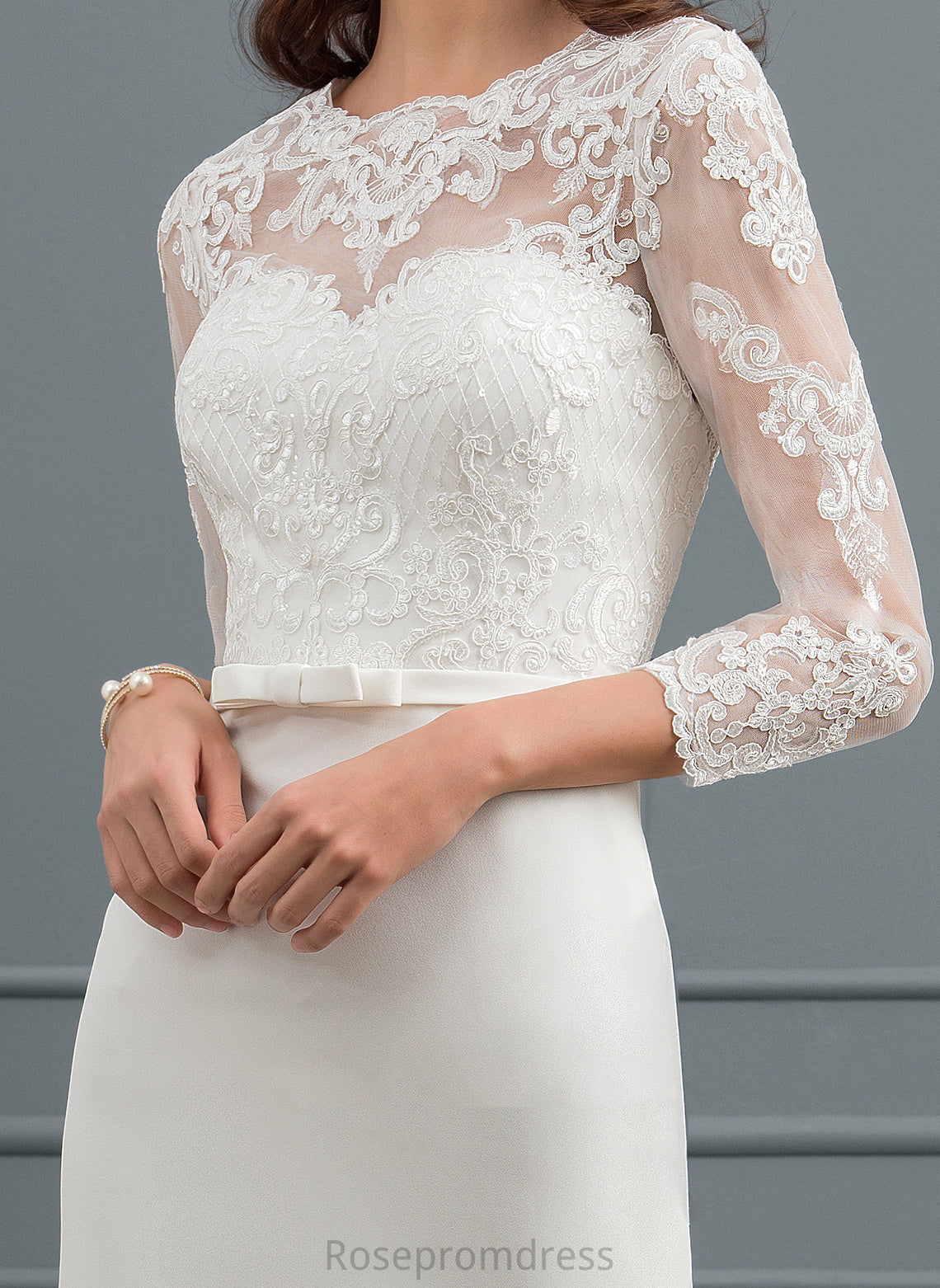 Sequins Wedding Dresses Stretch Dress Illusion Sheath/Column With Lace Wedding Bow(s) Knee-Length Crepe Xiomara