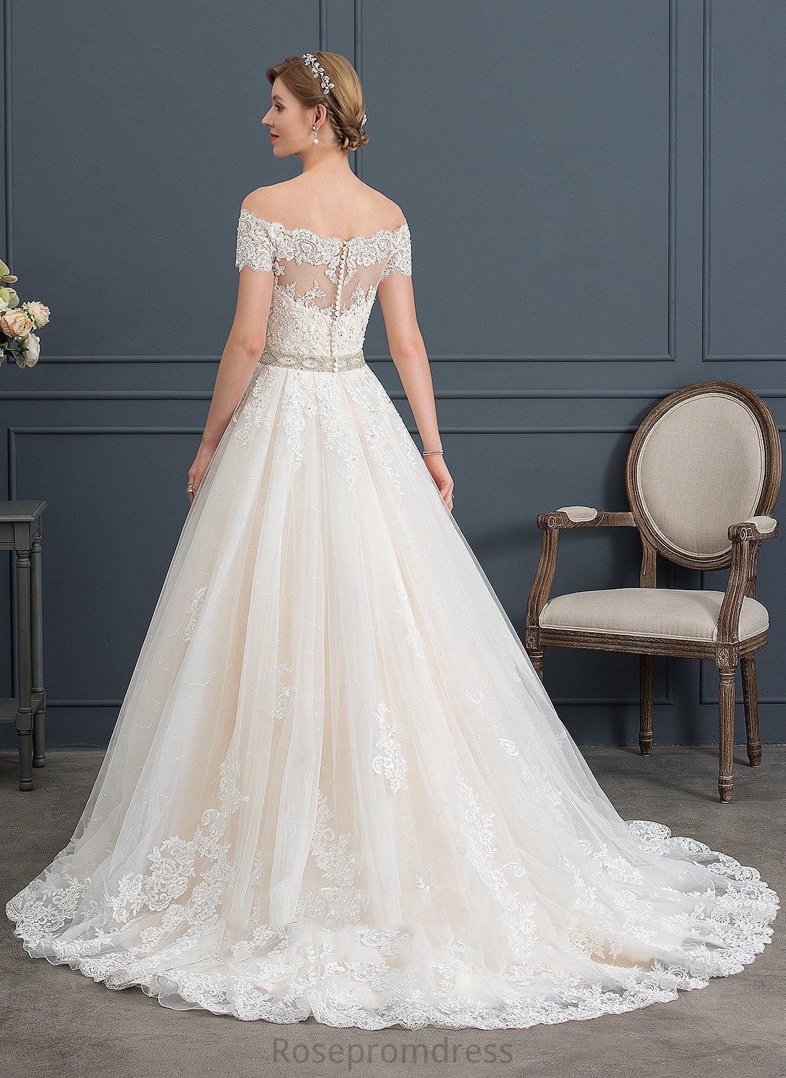 Ball-Gown/Princess Wedding Dresses Lace Dress Wedding With Sequins Tulle Court Beading Train Off-the-Shoulder Dominique