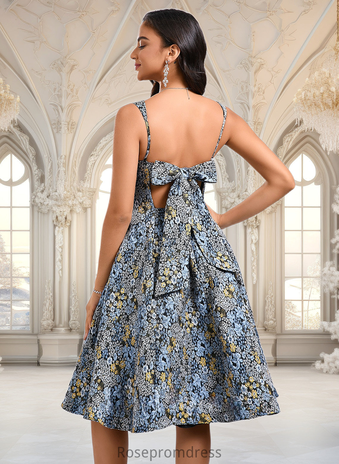 Giada A-line Square Knee-Length Jacquard Homecoming Dress With Bow DSP0025687