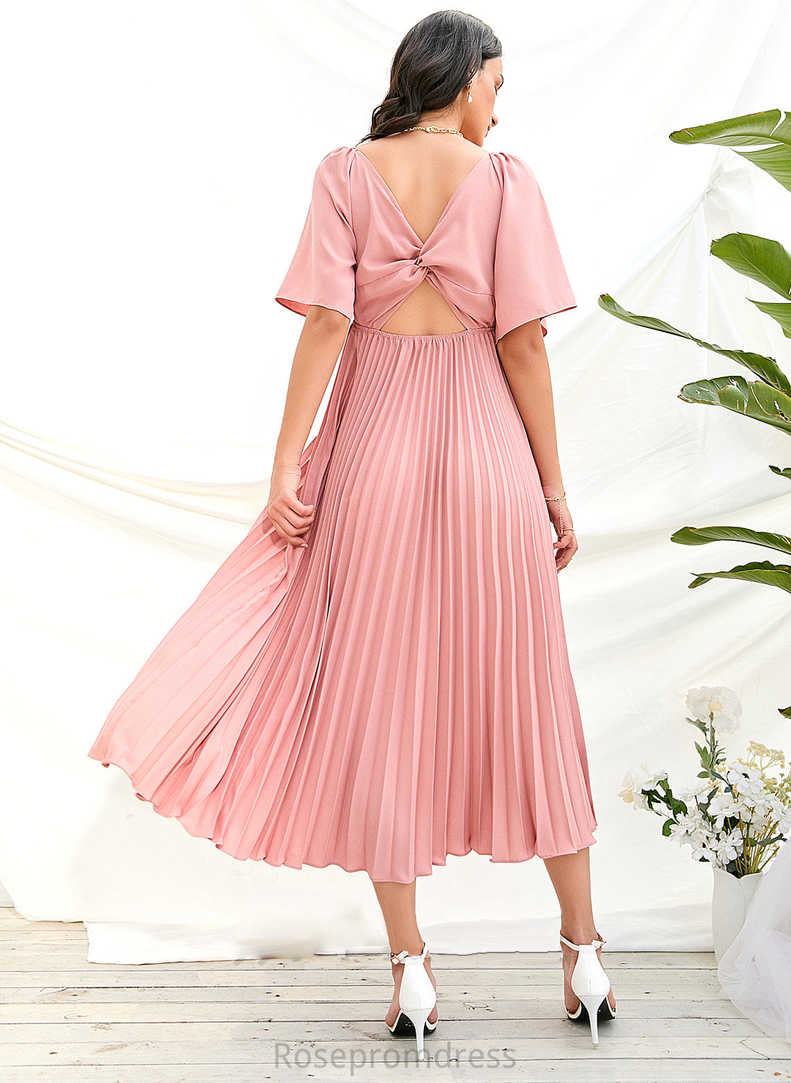 Neckline Fabric Length Pleated Silhouette Tea-Length A-Line V-neck Embellishment Jamiya A-Line/Princess Natural Waist Bridesmaid Dresses
