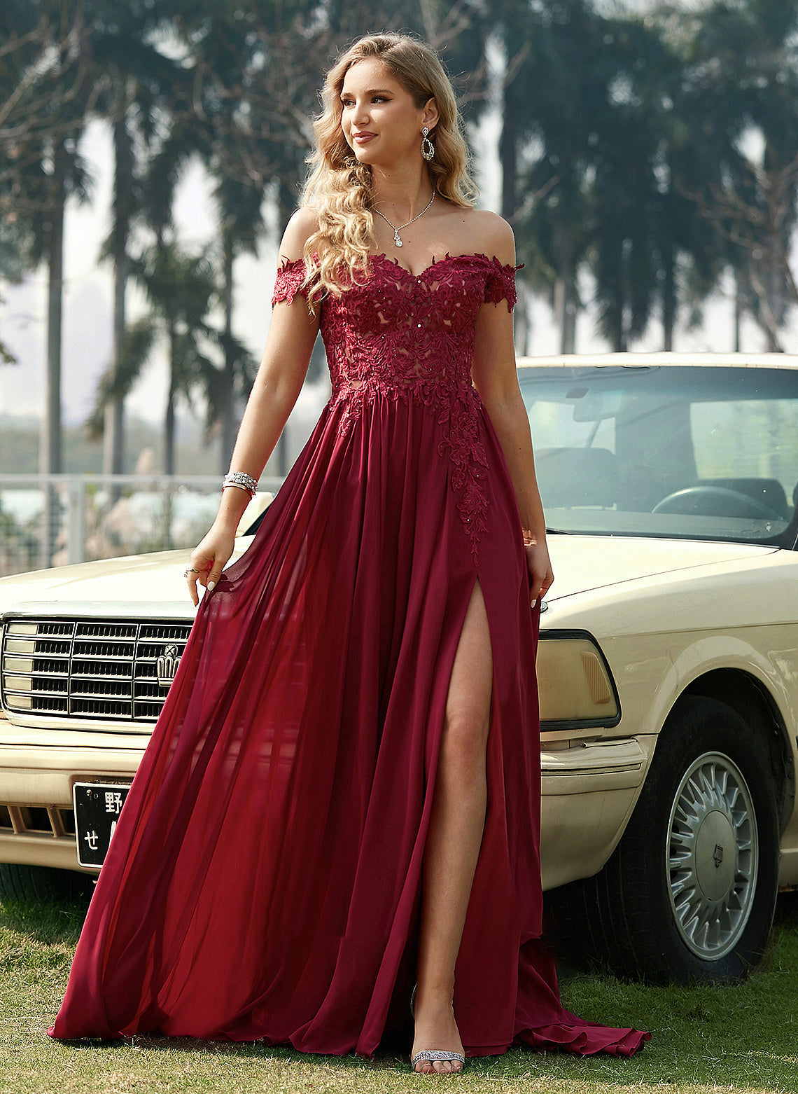 Off-the-Shoulder A-Line Prom Dresses Train Chiffon Lace Kaydence Sweep With Sequins