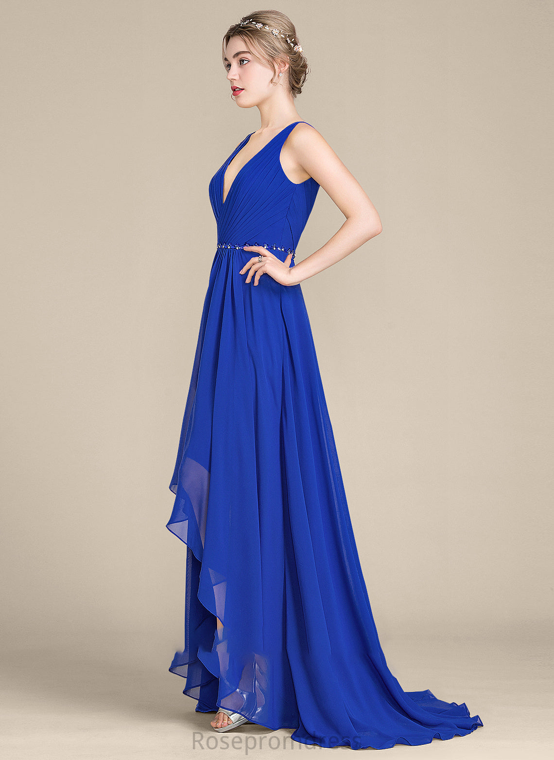 Prom Dresses Beading Chiffon Sequins Raven V-neck With A-Line Ruffle Asymmetrical