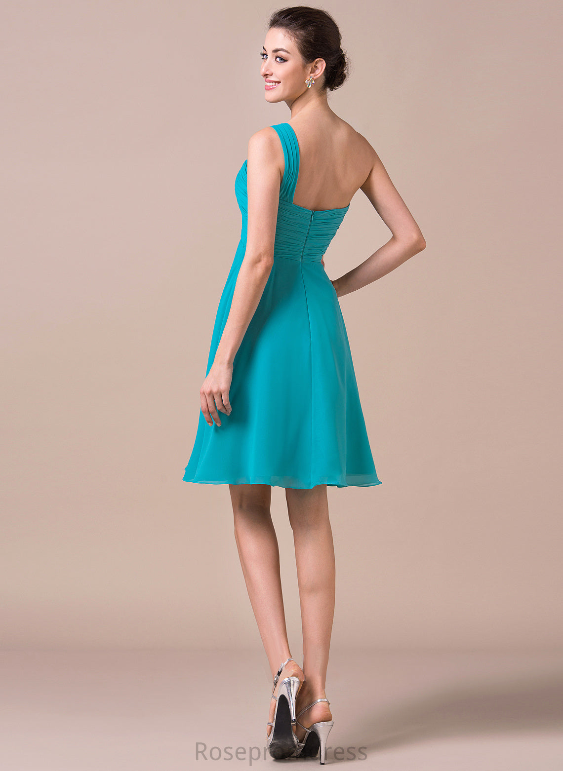 One-Shoulder Fabric Ruffle Embellishment Length Neckline Knee-Length Silhouette Empire Marcia Sleeveless Natural Waist Bridesmaid Dresses