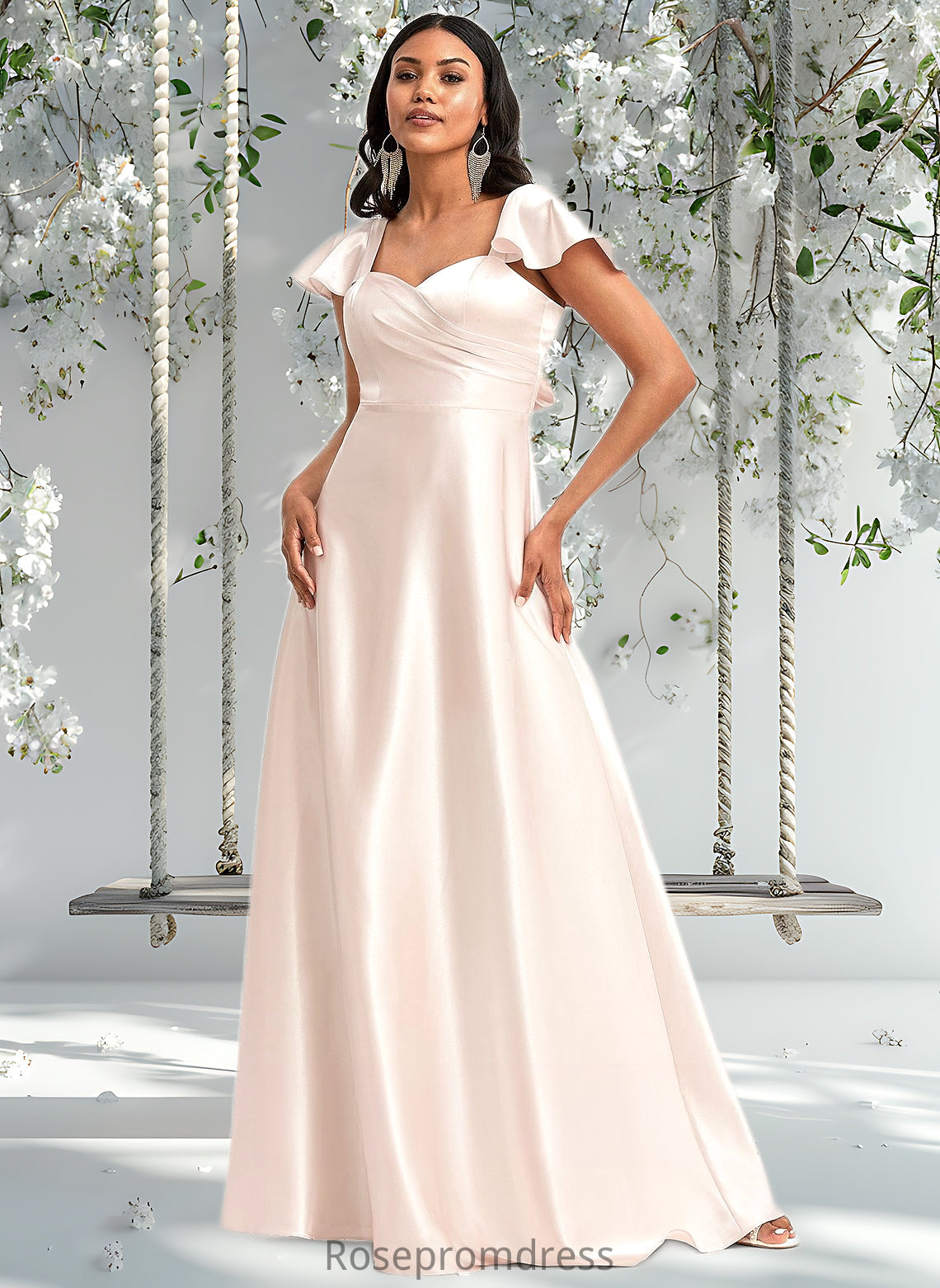 Thelma A-line V-Neck Floor-Length Stretch Satin Bridesmaid Dress With Bow DSP0025759