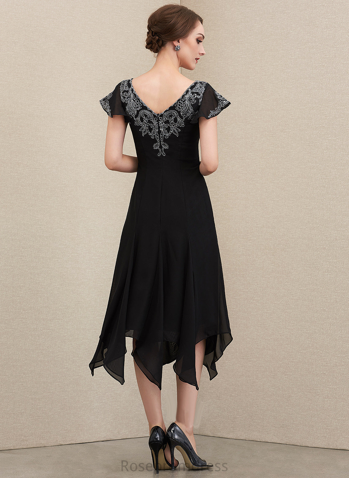 Sequins Mother the Bride Lace Karen of V-neck Tea-Length A-Line With Mother of the Bride Dresses Dress Chiffon