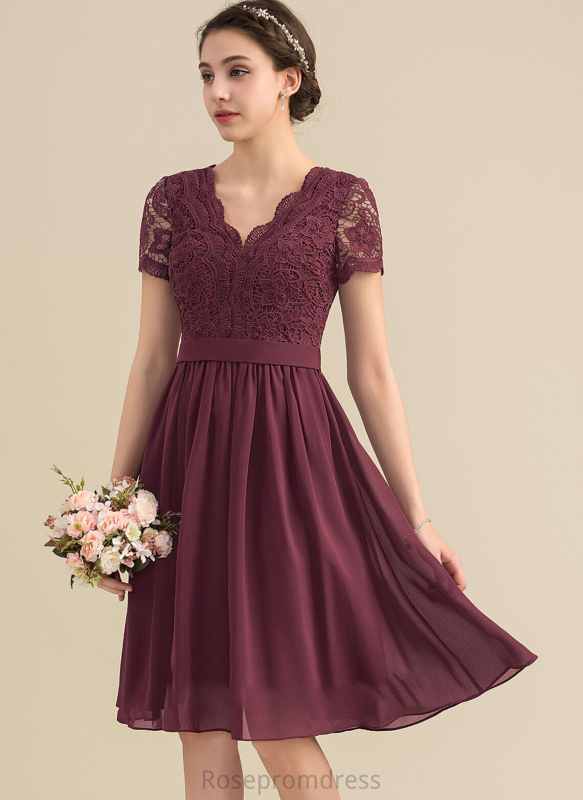 A-Line Neckline Lace Straps Length V-neck Silhouette Fabric Knee-Length Pauline Natural Waist Sleeveless Bridesmaid Dresses