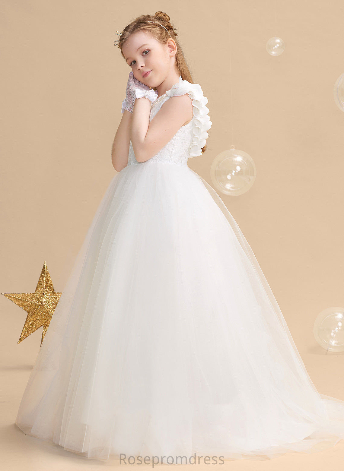 Ball-Gown/Princess Sweep Tulle/Lace Flower Girl Dresses Flower(s) Train Dress Neck - Alice Sleeveless Flower Scoop Girl With