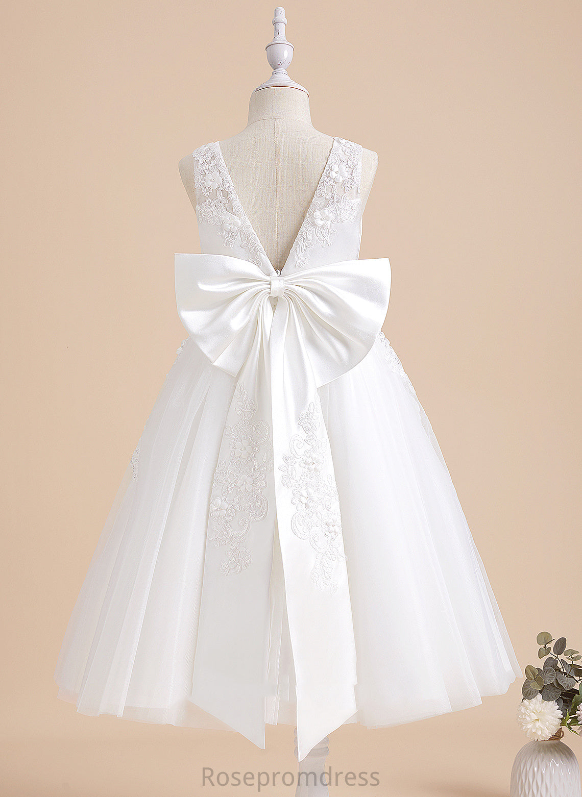 A-Line With Tea-length Sleeveless Beading/Flower(s) Meghan Tulle/Lace Dress - Flower Girl Scoop Flower Girl Dresses Neck