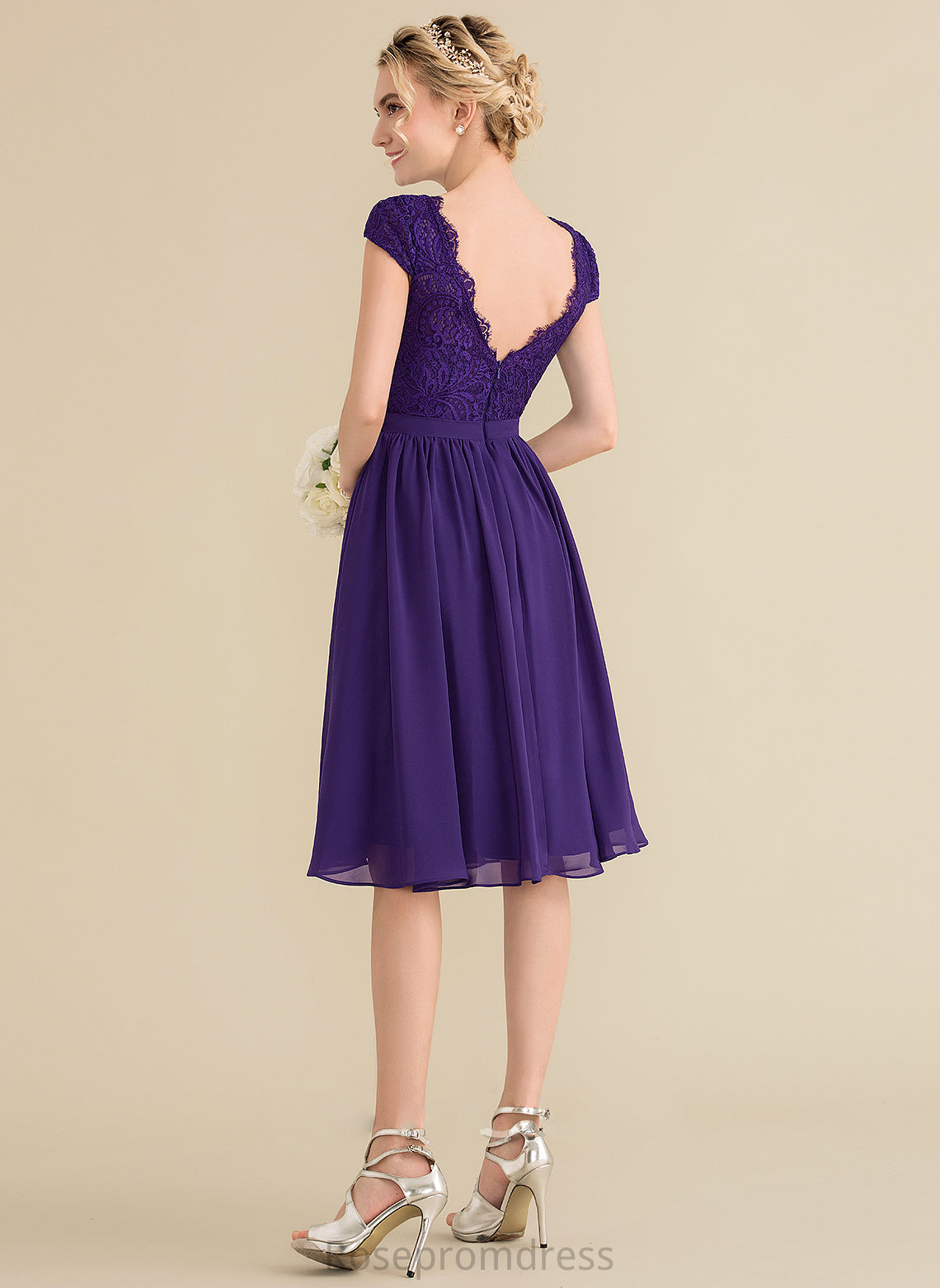 A-Line Fabric Straps Lace Neckline Length V-neck Silhouette Knee-Length Jakayla Off The Shoulder Natural Waist Bridesmaid Dresses