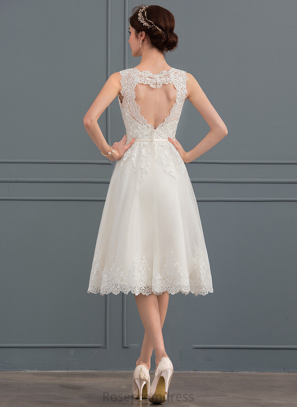 Dress Illusion Bow(s) Wedding Dresses With A-Line Wedding Knee-Length Tulle Delaney