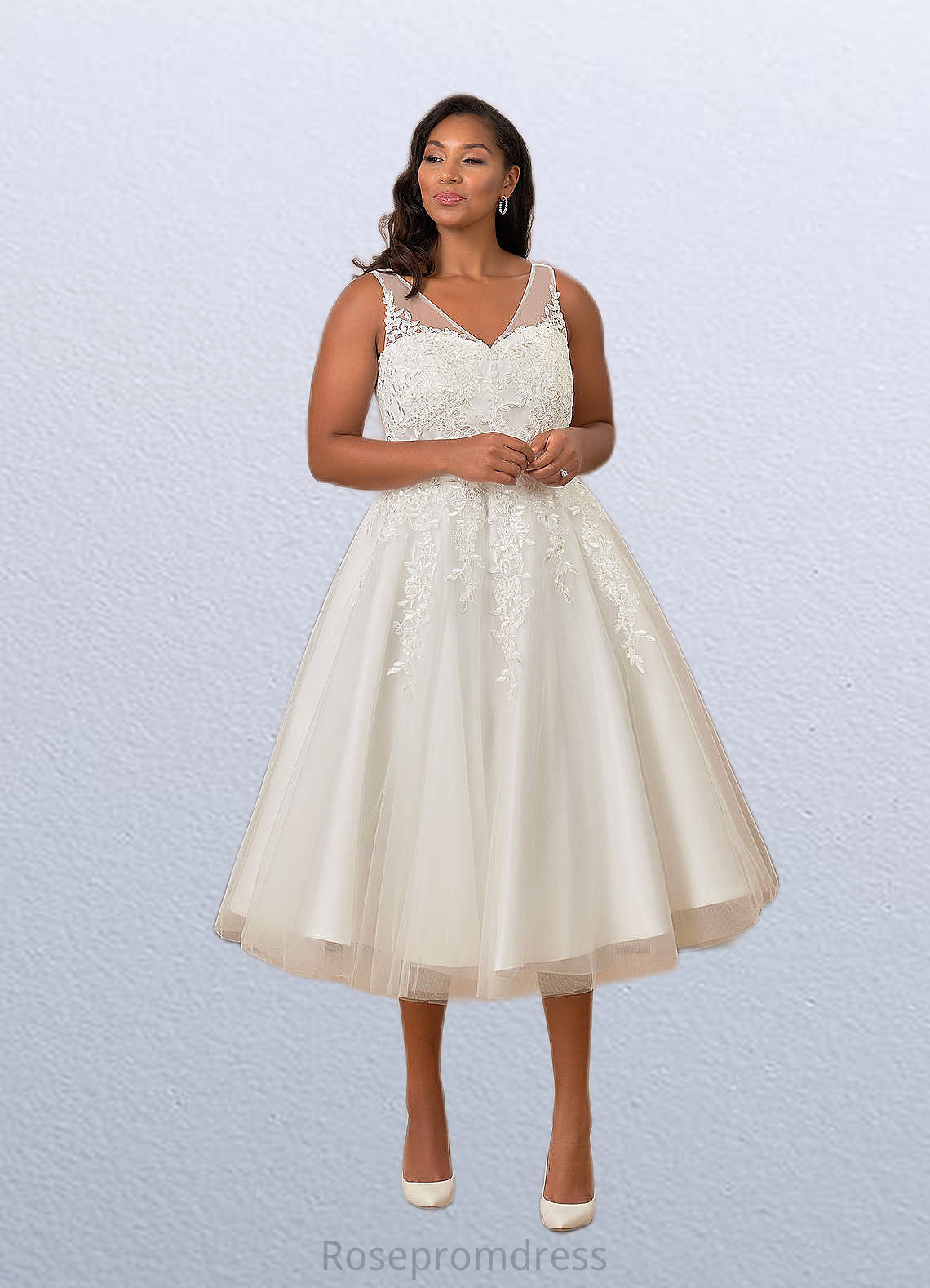 Polly A-Line Lace Satin Tea-Length Dress SRSP0020051