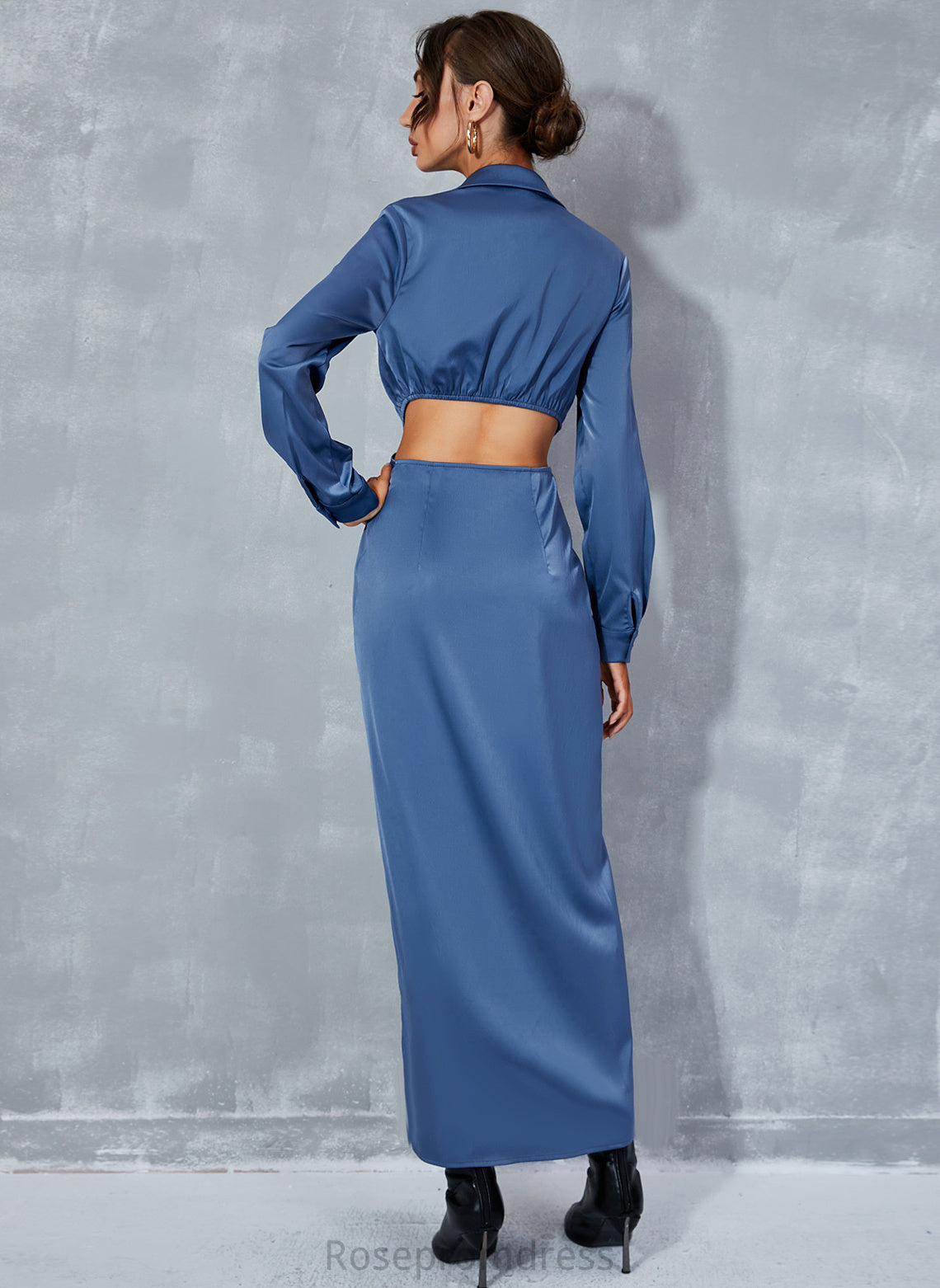 Polyester V-Neck A-line Casual Dresses Sleeves Long Front Split Makaila Club Dresses Midi