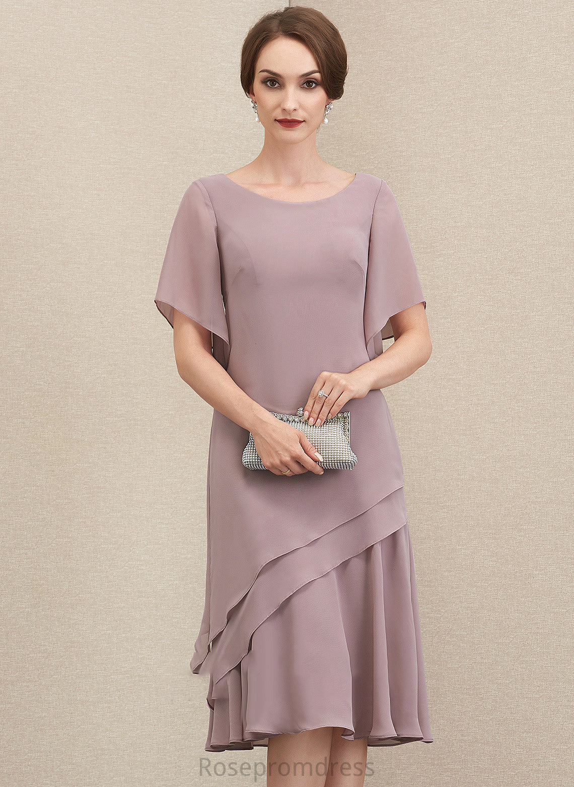 of Chiffon Mother Cascading A-Line the Knee-Length Dress Mother of the Bride Dresses Neck With Ruffles Bride Danica Scoop