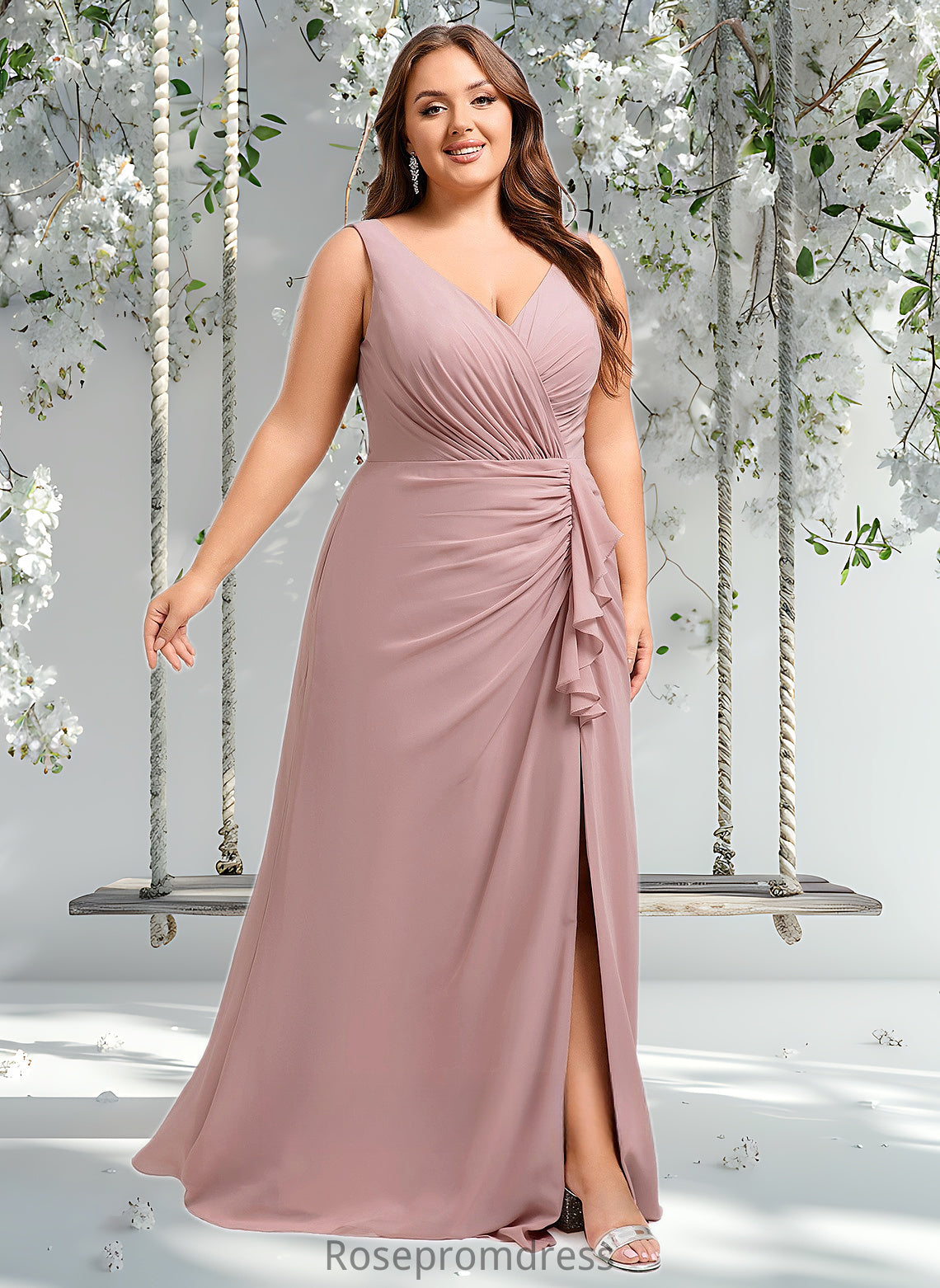 Phoebe A-line V-Neck Floor-Length Chiffon Bridesmaid Dress DSP0025820