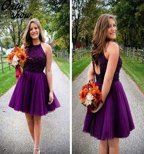 Purple Short Halter Neck Backless Beads Tulle Juniors Mini Sweet 16 Homecoming Dress RS433