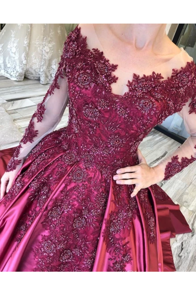 Prom Dress With Long Sleeves And Floral Embroidery Burgundy Colored Court SRSPJ8SLMB9