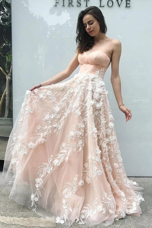 Princess Sweetheart Blush Pink Long Prom Dress with Appliques, Dance SRS20466