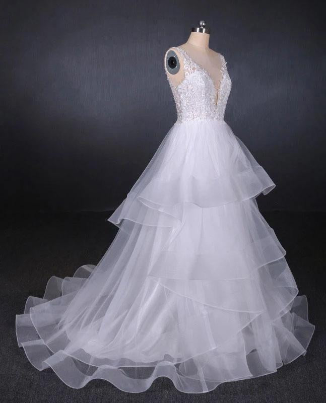 Elegant V-neck Tulle Open Back Wedding Dresses, Asymmetrical Long Bridal Dresses SRS15217