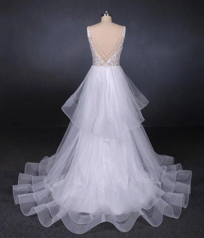 Elegant V-neck Tulle Open Back Wedding Dresses, Asymmetrical Long Bridal Dresses SRS15217