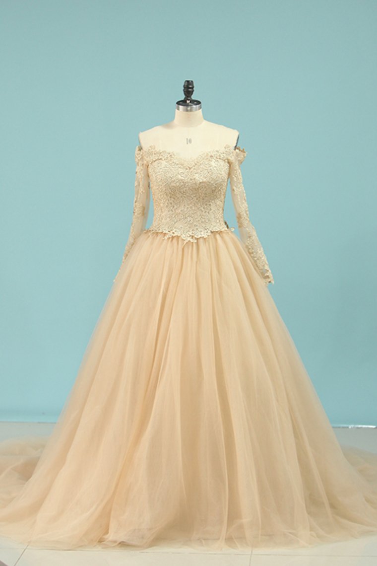 2024 Wedding Dresses V Neck Long Sleeves Tulle With Applique A Line