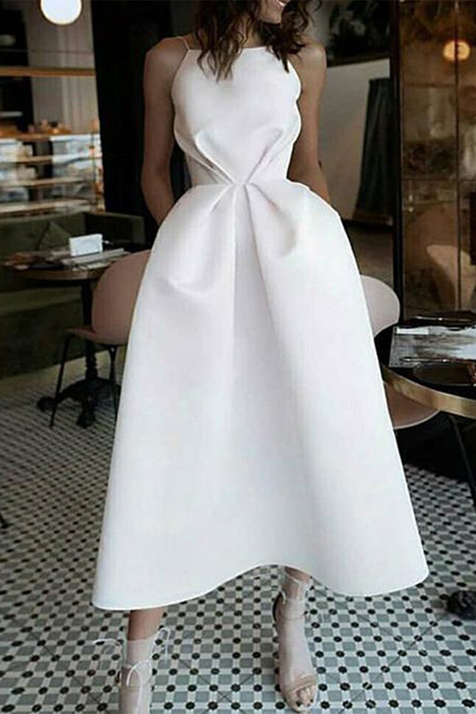 A-Line Tea-Length White Prom Ina Homecoming Dresses Dress With Pockets