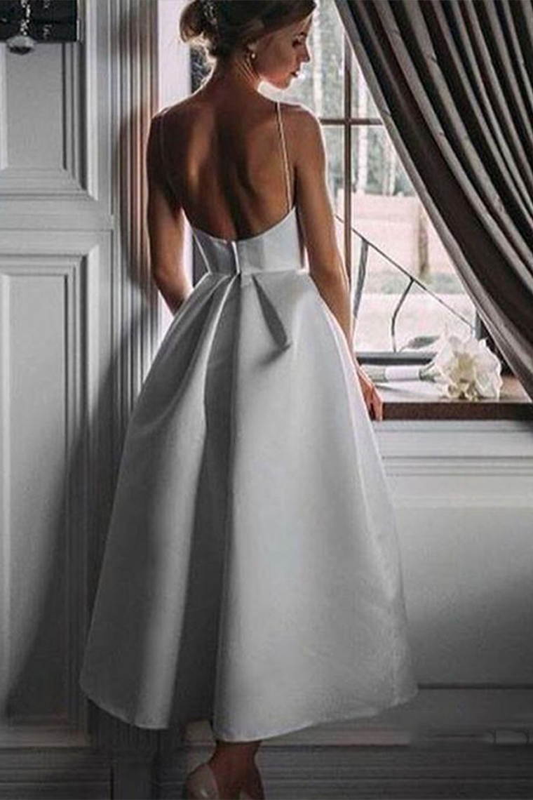 A-Line Tea-Length White Prom Ina Homecoming Dresses Dress With Pockets