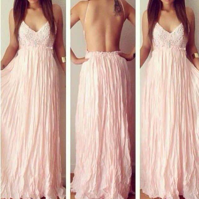 Sexy Backless V-Neck Spaghetti Straps Lace Prom Dresses Chiffon Blush Pink Prom Dresses RS799