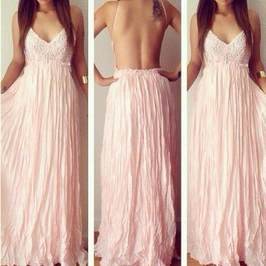 Sexy Backless V-Neck Spaghetti Straps Lace Prom Dresses Chiffon Blush Pink Prom Dresses RS799