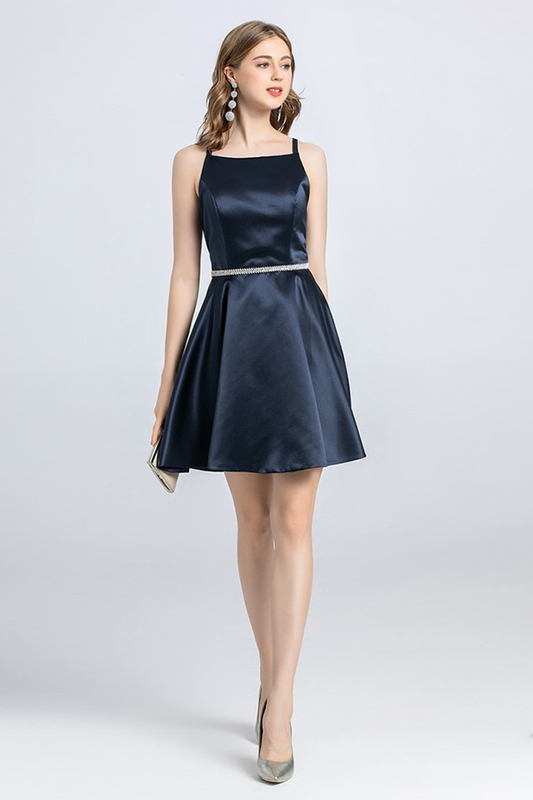 A-Line Spaghetti Strap Sleeveless Open Satin Taliyah Homecoming Dresses Back