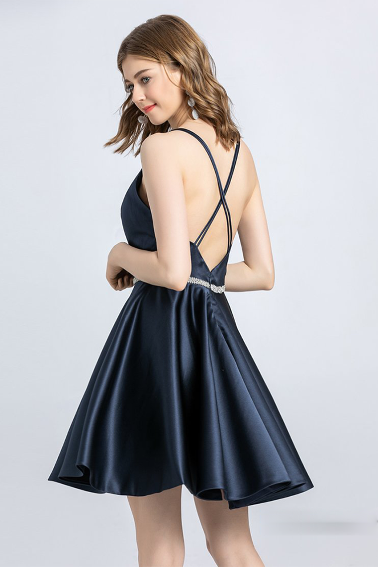 A-Line Spaghetti Strap Sleeveless Open Satin Taliyah Homecoming Dresses Back