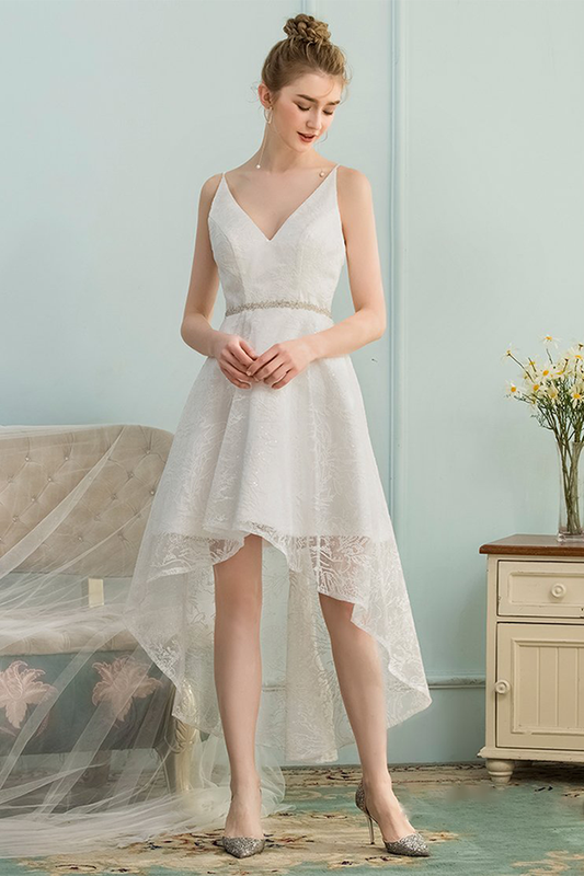 High Low V-Neck Homecoming Dresses Ivory Rosalind Lace Asymmetrical