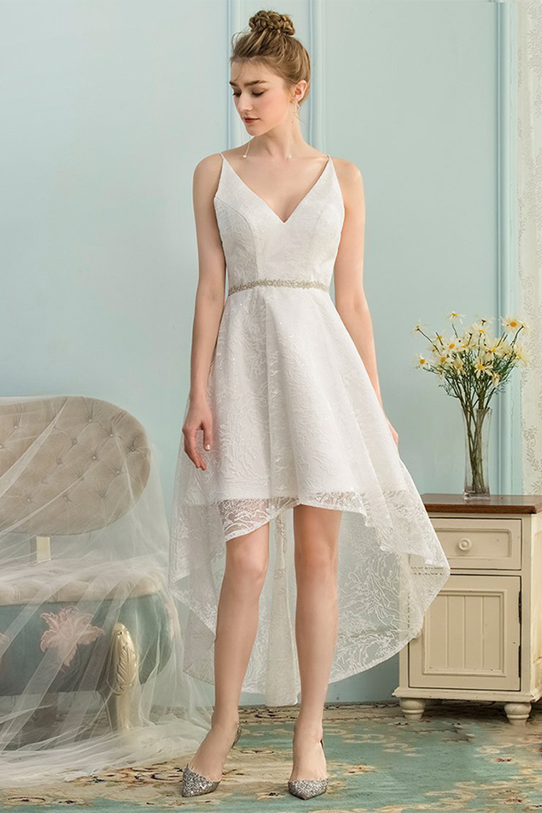 High Low V-Neck Homecoming Dresses Ivory Rosalind Lace Asymmetrical
