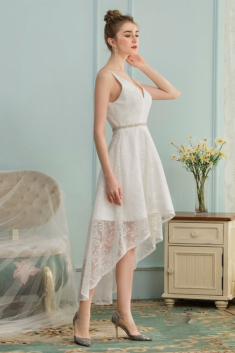 High Low V-Neck Homecoming Dresses Ivory Rosalind Lace Asymmetrical