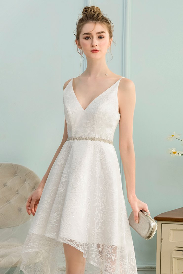 High Low V-Neck Homecoming Dresses Ivory Rosalind Lace Asymmetrical