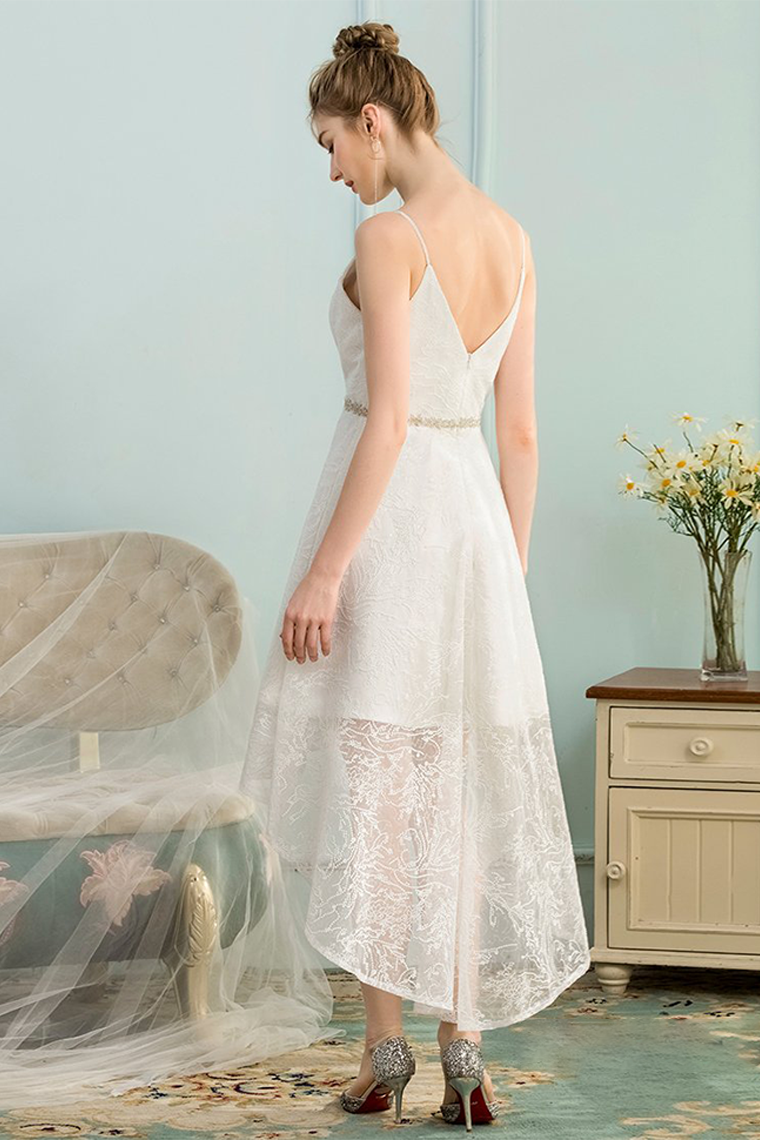 High Low V-Neck Homecoming Dresses Ivory Rosalind Lace Asymmetrical