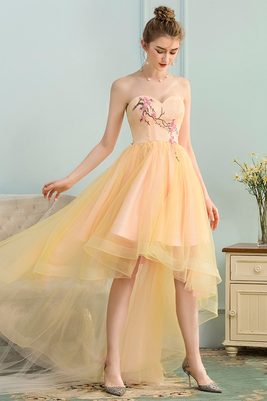 A-Line Sweetheart High Low Yellow Stretch With Homecoming Dresses Satin Madelynn Appliques