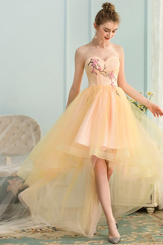A-Line Sweetheart High Low Yellow Stretch With Homecoming Dresses Satin Madelynn Appliques