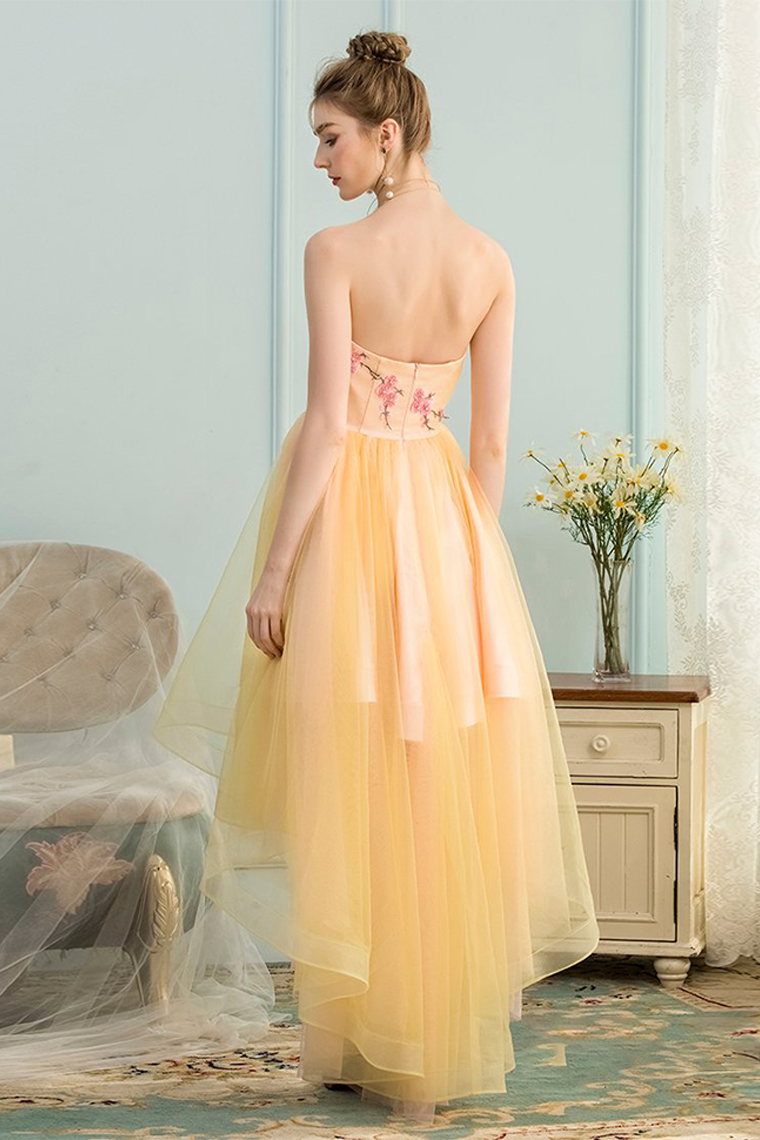 A-Line Sweetheart High Low Yellow Stretch With Homecoming Dresses Satin Madelynn Appliques