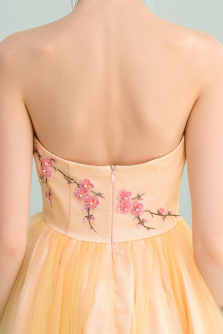 A-Line Sweetheart High Low Yellow Stretch With Homecoming Dresses Satin Madelynn Appliques