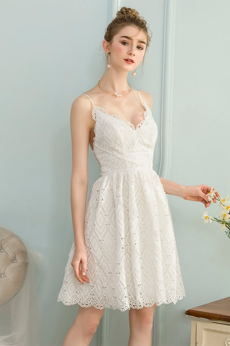 A-Line V-Neck Sleeveless Short Homecoming Dresses Lace Janey White