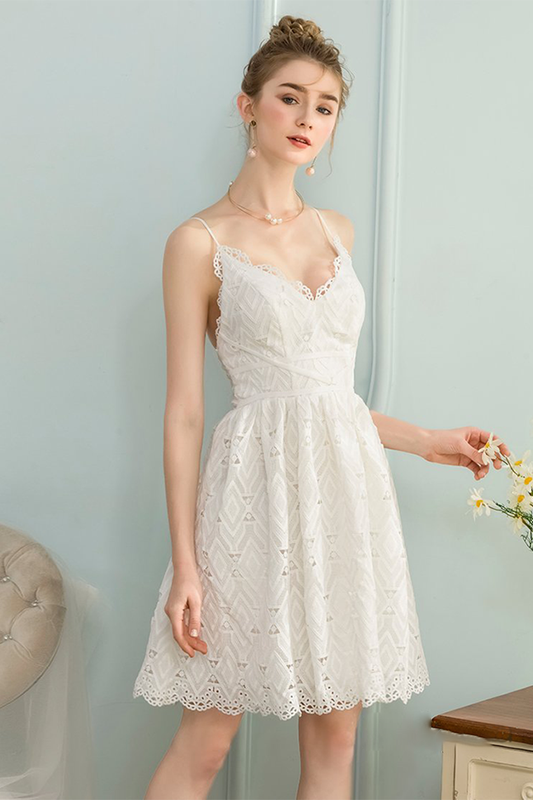 A-Line V-Neck Sleeveless Short Homecoming Dresses Lace Janey White