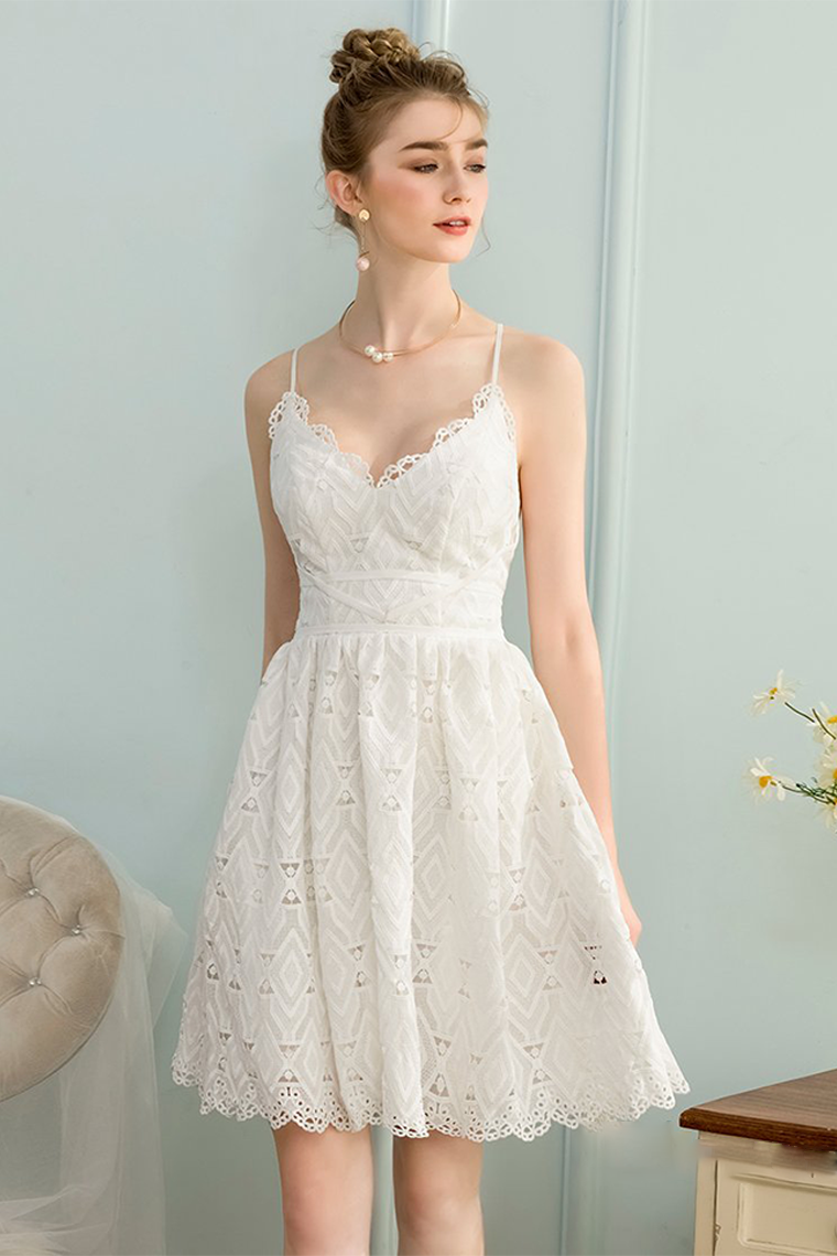 A-Line V-Neck Sleeveless Short Homecoming Dresses Lace Janey White