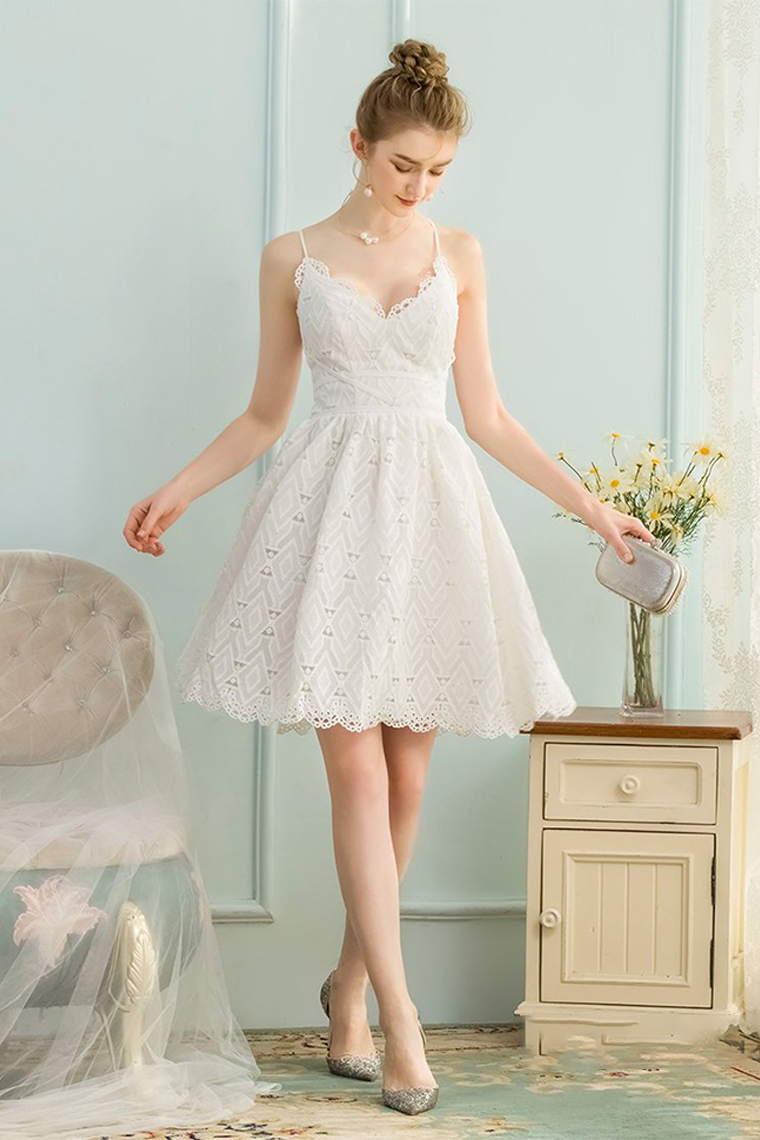 A-Line V-Neck Sleeveless Short Homecoming Dresses Lace Janey White
