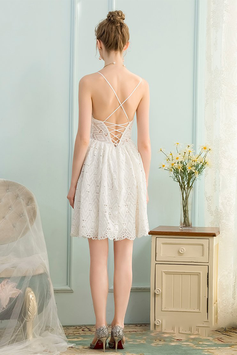 A-Line V-Neck Sleeveless Short Homecoming Dresses Lace Janey White