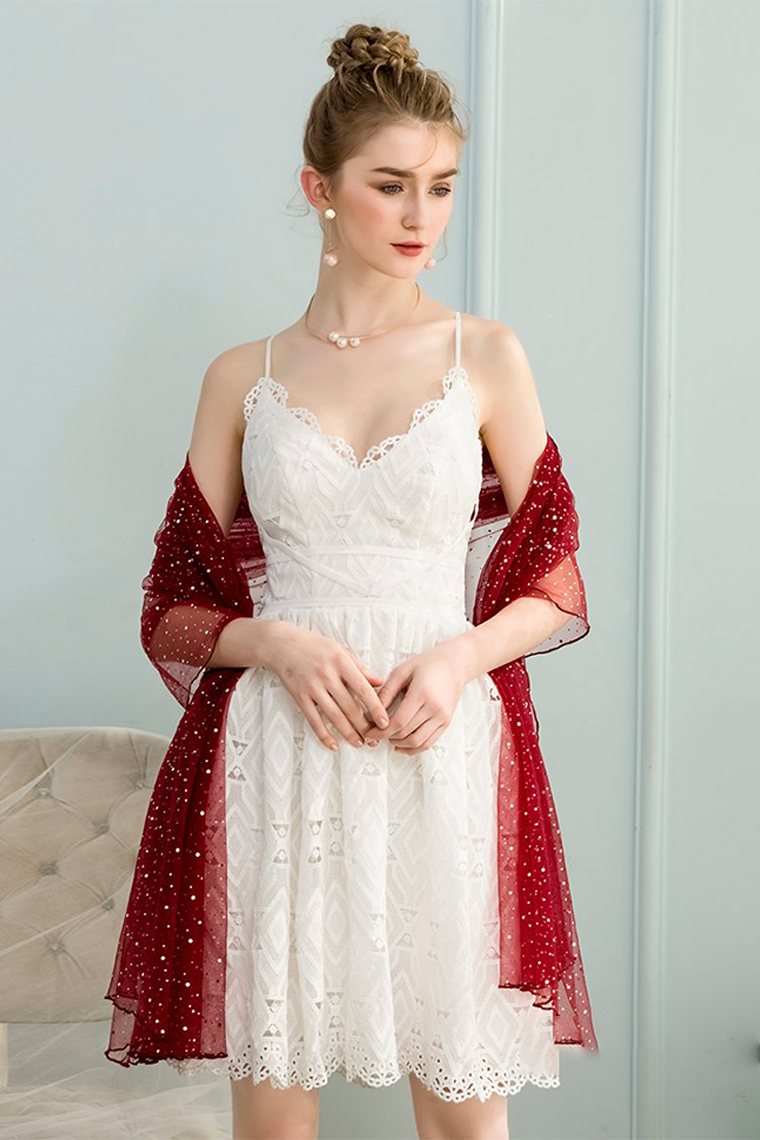 A-Line V-Neck Sleeveless Short Homecoming Dresses Lace Janey White