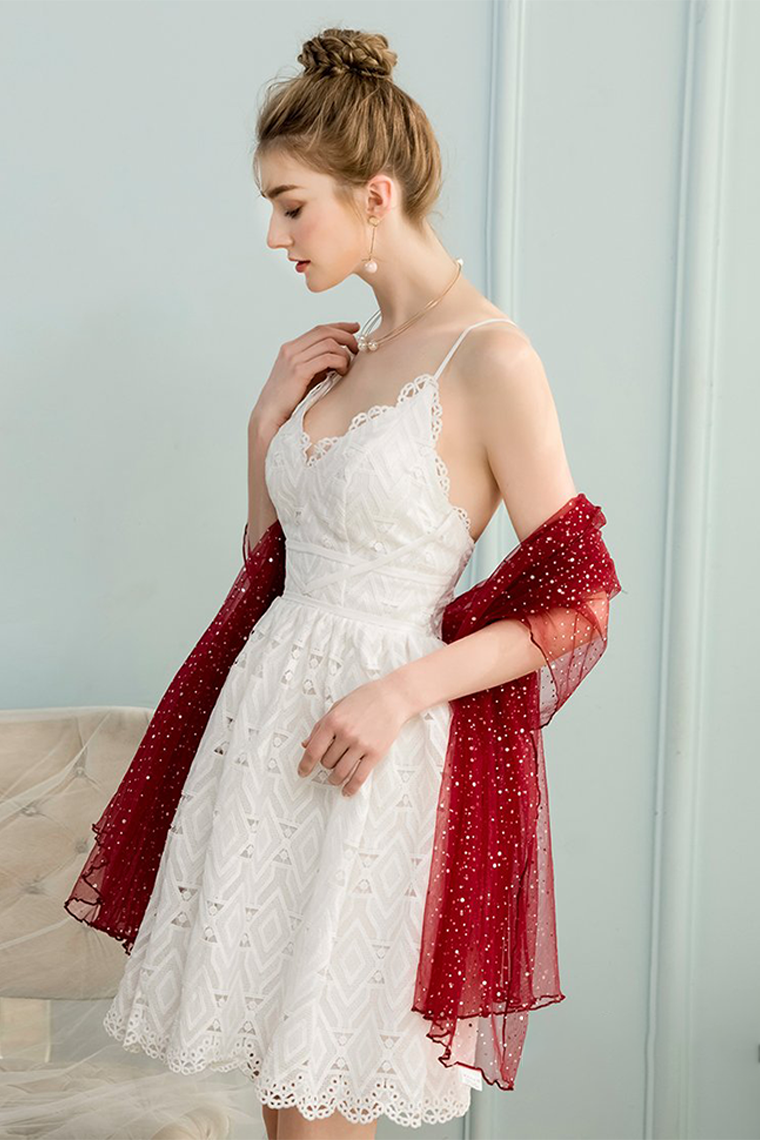 A-Line V-Neck Sleeveless Short Homecoming Dresses Lace Janey White