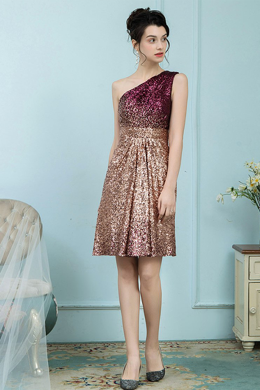 Ashlyn Homecoming Dresses Glitter Omber Gold One Shoulder Short Sequines Pleats