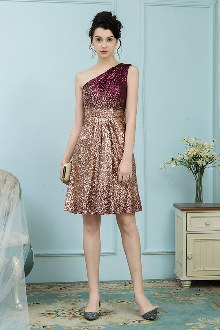 Ashlyn Homecoming Dresses Glitter Omber Gold One Shoulder Short Sequines Pleats